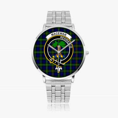 Scottish MacEwen Clan Crest Tartan Instafamous Steel Quartz Watches Tartan Plaid Silver 1