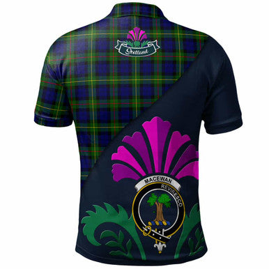 Scottish MacEwen Clan Crest Tartan Polo Shirt - Scotland Thistle Style Back Side Tartan Plaid