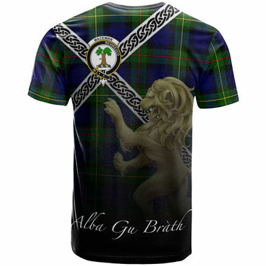 Scottish MacEwen Clan Crest Tartan T-Shirt - Celtic With Scotland Lion Back Side Tartan Plaid
