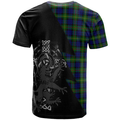 Scottish MacEwen Clan Crest Tartan T-Shirt - Lion Rampant Celtic Cross Flash Style Back Side Tartan Plaid