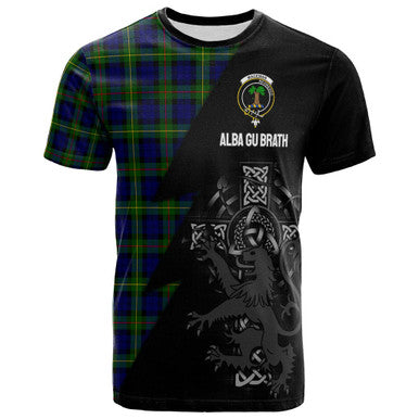 Scottish MacEwen Clan Crest Tartan T-Shirt - Lion Rampant Celtic Cross Flash Style Front Side Tartan Plaid