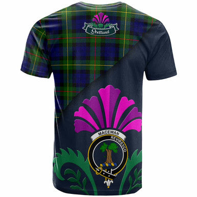 Scottish MacEwen Clan Crest Tartan T-Shirt - Scotland Thistle Style Back Side Tartan Plaid