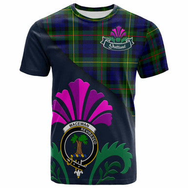Scottish MacEwen Clan Crest Tartan T-Shirt - Scotland Thistle Style Front Side Tartan Plaid