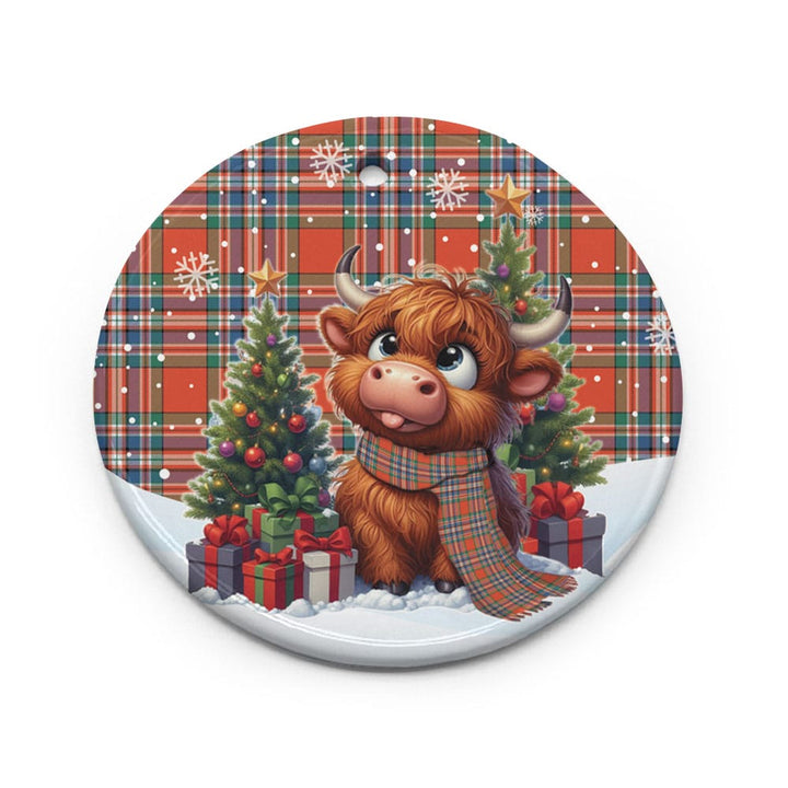 Scottish MacFarlane Ancient Clan Tartan Ceramic Ornament Cute Highland Cow Christmas Circle Style Tartan Plaid