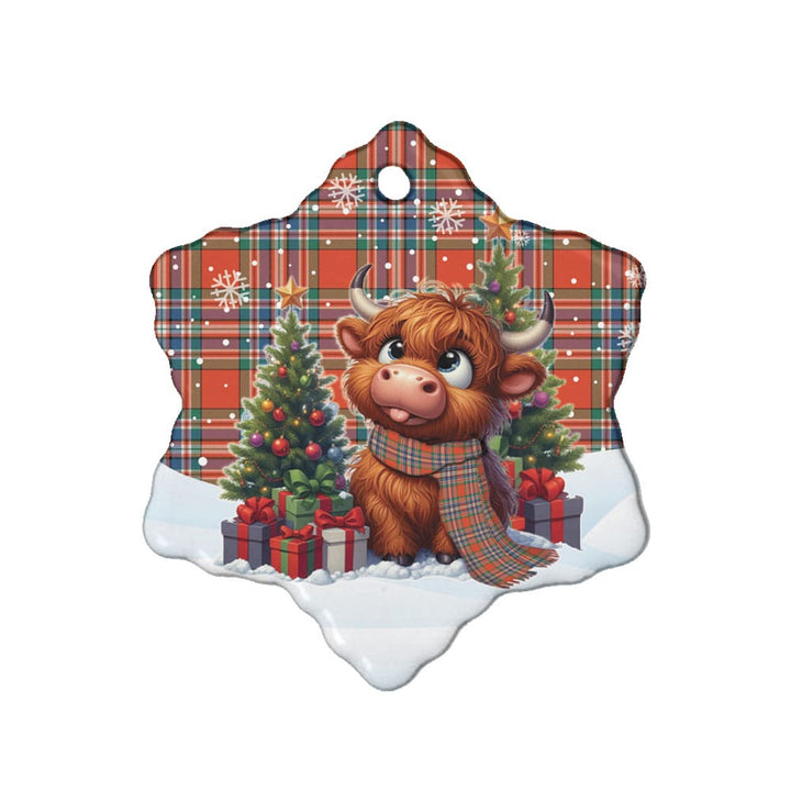Scottish MacFarlane Ancient Clan Tartan Ceramic Ornament Cute Highland Cow Christmas Snow Flake Style Tartan Plaid