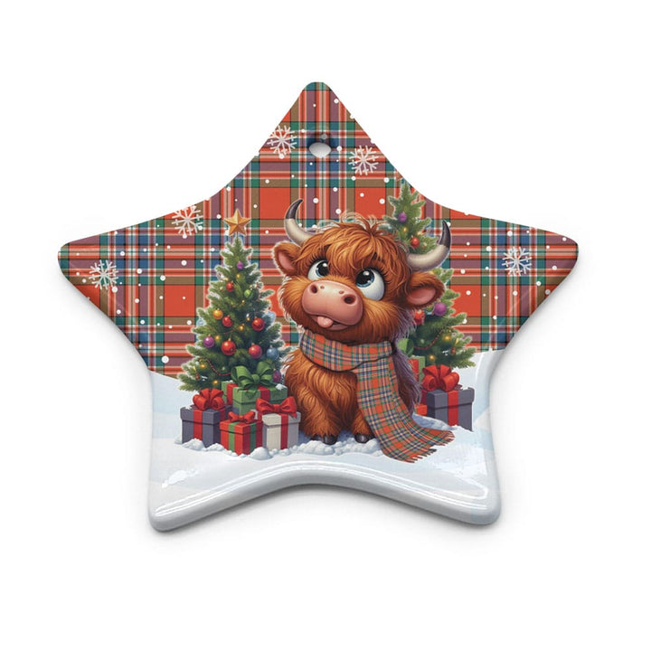 Scottish MacFarlane Ancient Clan Tartan Ceramic Ornament Cute Highland Cow Christmas Star Style Tartan Plaid
