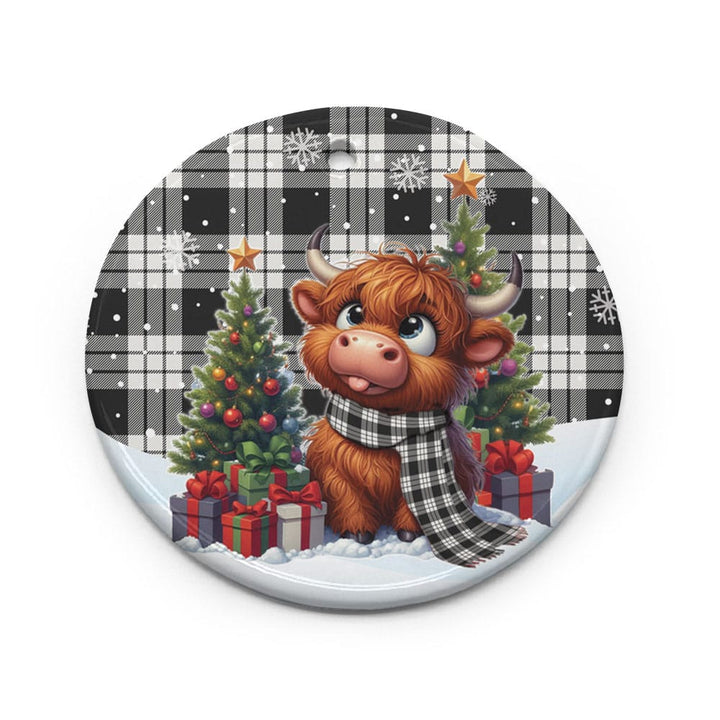 Scottish MacFarlane Black & White Ancient Clan Tartan Ceramic Ornament Cute Highland Cow Christmas Circle Style Tartan Plaid