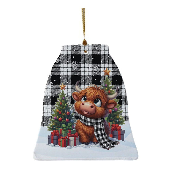 Scottish MacFarlane Black & White Clan Tartan Ceramic Ornament Cute Highland Cow Christmas Bell Style Tartan Plaid