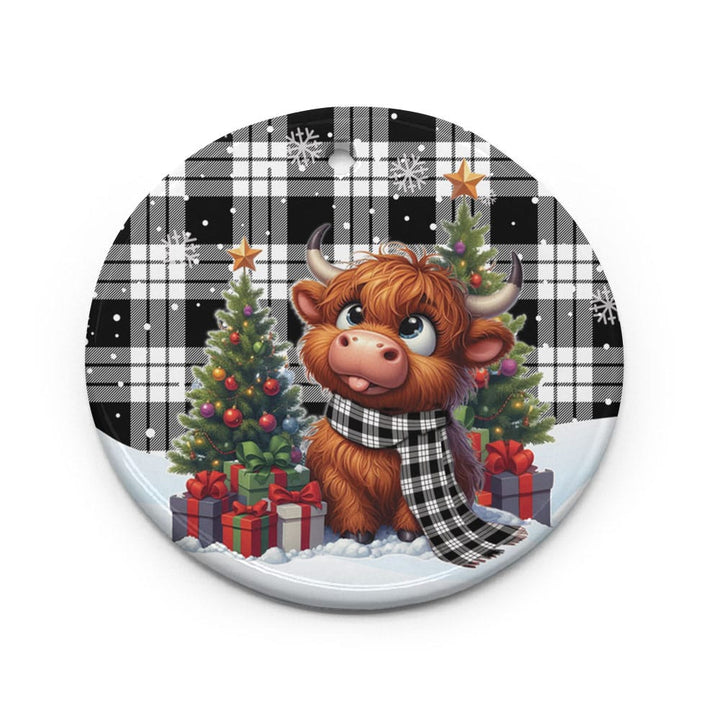 Scottish MacFarlane Black & White Clan Tartan Ceramic Ornament Cute Highland Cow Christmas Circle Style Tartan Plaid