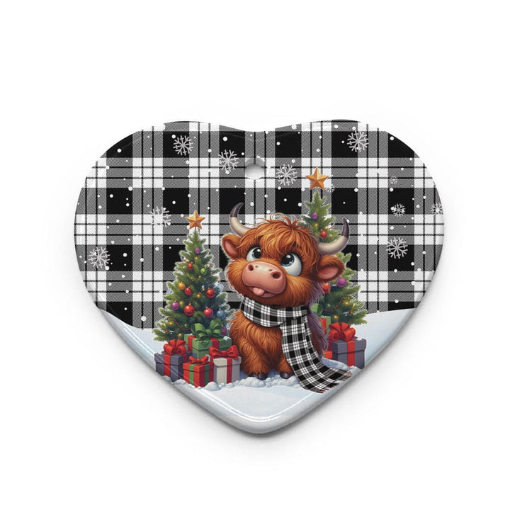 Scottish MacFarlane Black & White Clan Tartan Ceramic Ornament Cute Highland Cow Christmas Heart Style Tartan Plaid