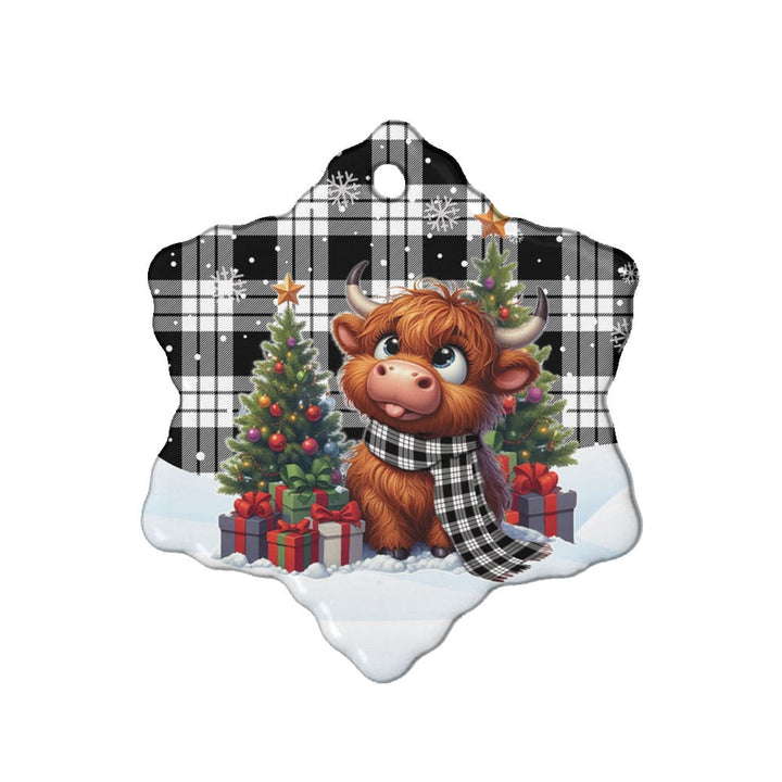 Scottish MacFarlane Black & White Clan Tartan Ceramic Ornament Cute Highland Cow Christmas Snow Flake Style Tartan Plaid