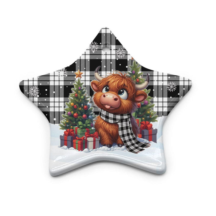 Scottish MacFarlane Black & White Clan Tartan Ceramic Ornament Cute Highland Cow Christmas Star Style Tartan Plaid