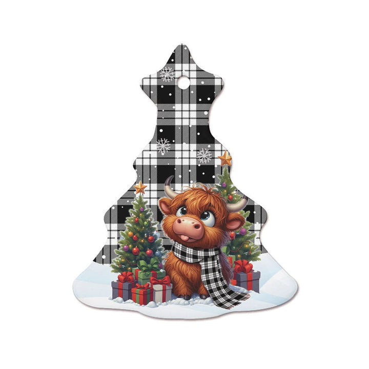 Scottish MacFarlane Black & White Clan Tartan Ceramic Ornament Cute Highland Cow Christmas Tree Style Tartan Plaid