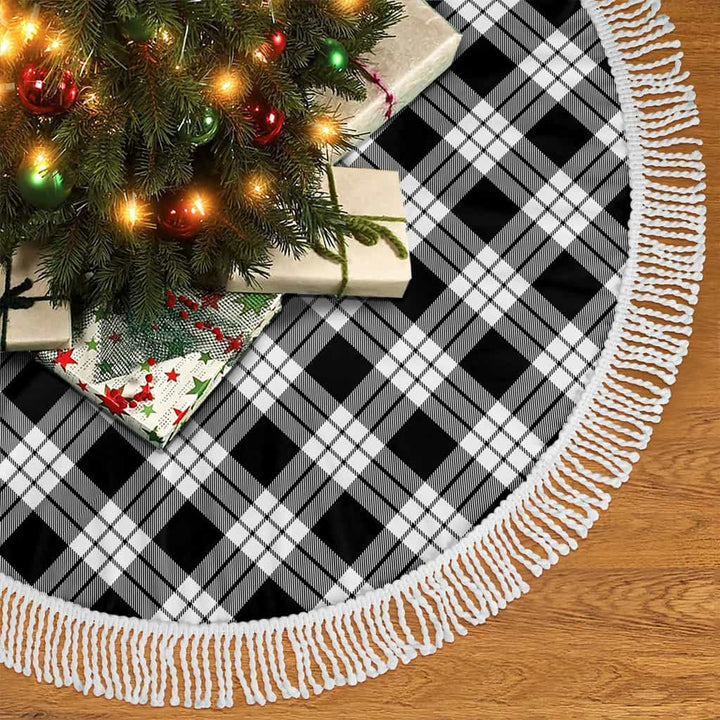 Scottish MacFarlane Black & White Clan Tartan Christmas Tree Skirt Tassels 2 Tartan Plaid