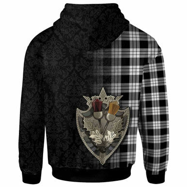 Scottish MacFarlane Black & White Clan Tartan Hoodie - Half Thistle Flowers Celtic Design Back Side Tartan Plaid