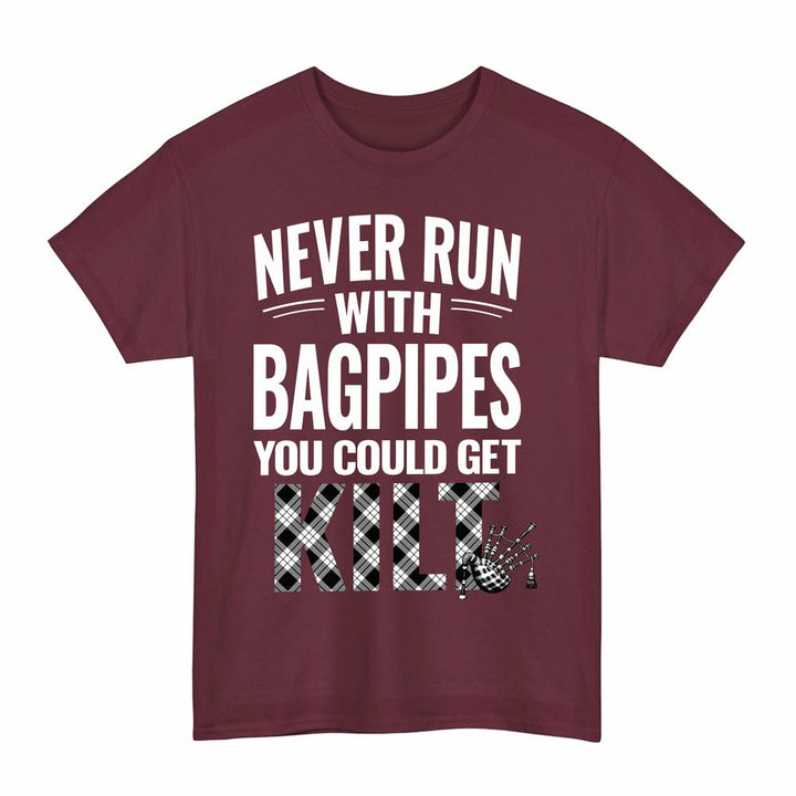Scottish MacFarlane Black & White Clan Tartan Never Run With Bagpipes T-Shirt Tartan Plaid Maroon Color