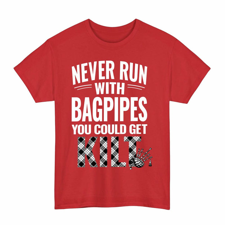 Scottish MacFarlane Black & White Clan Tartan Never Run With Bagpipes T-Shirt Tartan Plaid Red Color