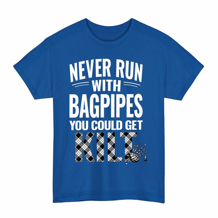 Scottish MacFarlane Black & White Clan Tartan Never Run With Bagpipes T-Shirt Tartan Plaid Royal Color