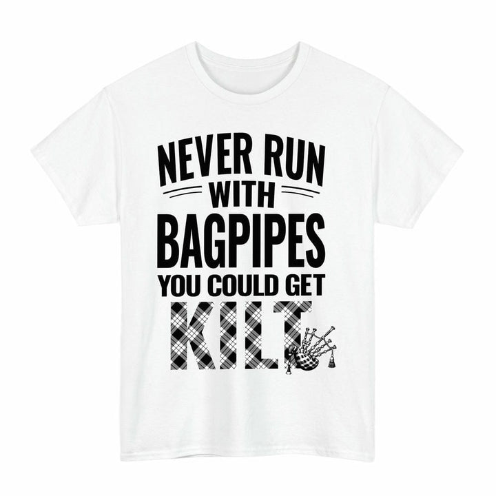Scottish MacFarlane Black & White Clan Tartan Never Run With Bagpipes T-Shirt Tartan Plaid White Color