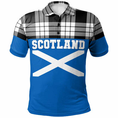 Scottish MacFarlane Black & White Clan Tartan Polo Shirt - Lion Rampant of Scotland With Flag Front Side Tartan Plaid
