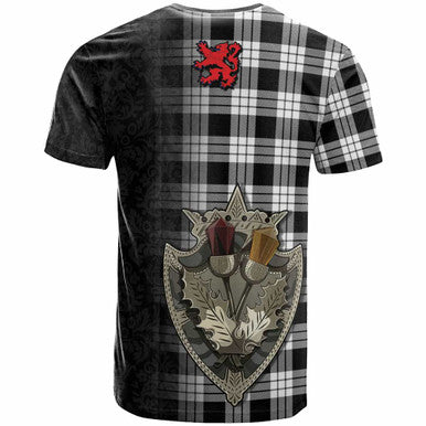 Scottish MacFarlane Black & White Clan Tartan T-Shirt - Half Thistle Flowers Celtic Design Back Side Tartan Plaid