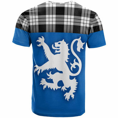 Scottish MacFarlane Black & White Clan Tartan T-Shirt - Lion Rampant of Scotland With Flag Back Side Tartan Plaid