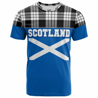Scottish MacFarlane Black & White Clan Tartan T-Shirt - Lion Rampant of Scotland With Flag Front Side Tartan Plaid