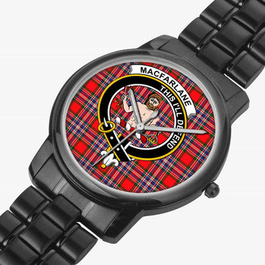 Scottish MacFarlane Clan Crest Tartan Folding Clasp Steel Quartz Watches Tartan Plaid Black 2