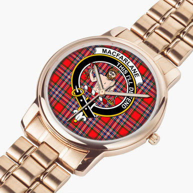Scottish MacFarlane Clan Crest Tartan Folding Clasp Steel Quartz Watches Tartan Plaid Rose Gold 2