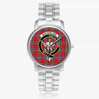 Scottish MacFarlane Clan Crest Tartan Folding Clasp Steel Quartz Watches Tartan Plaid Silver 1