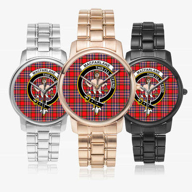 Scottish MacFarlane Clan Crest Tartan Folding Clasp Steel Quartz Watches Tartan Plaid All