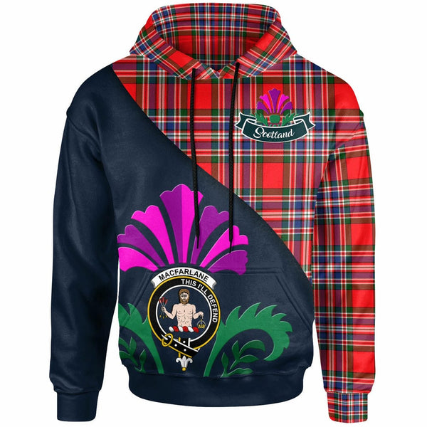 Scottish MacFarlane Clan Crest Tartan Hoodie - Scotland Thistle Style Front Side Tartan Plaid