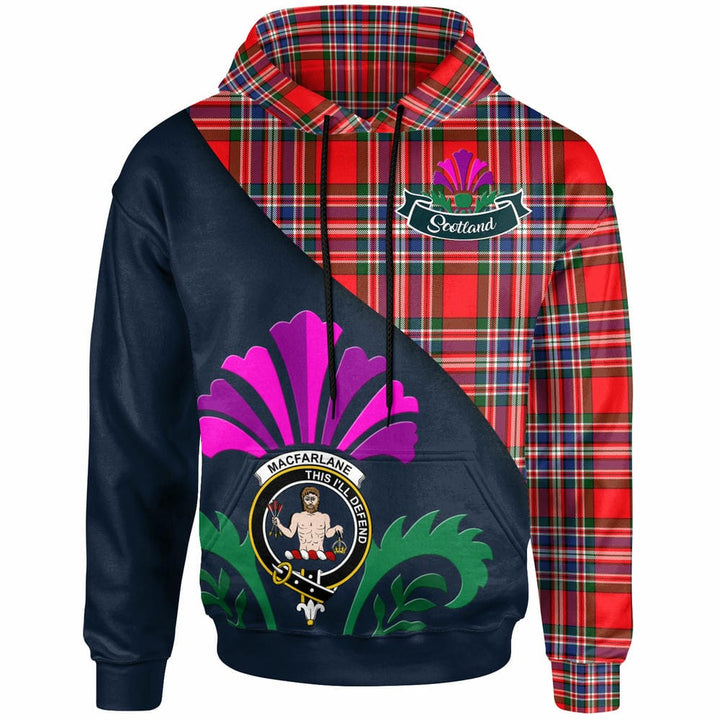 Scottish MacFarlane Clan Crest Tartan Hoodie - Scotland Thistle Style Front Side Tartan Plaid