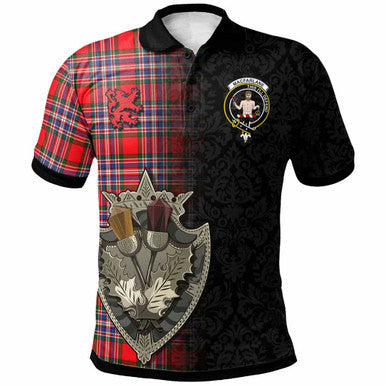 Scottish MacFarlane Clan Crest Tartan Polo Shirt - Half Thistle Flowers Celtic Design Front Side Tartan Plaid