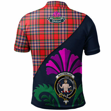 Scottish MacFarlane Clan Crest Tartan Polo Shirt - Scotland Thistle Style Back Side Tartan Plaid