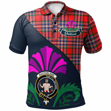 Scottish MacFarlane Clan Crest Tartan Polo Shirt - Scotland Thistle Style Front Side Tartan Plaid