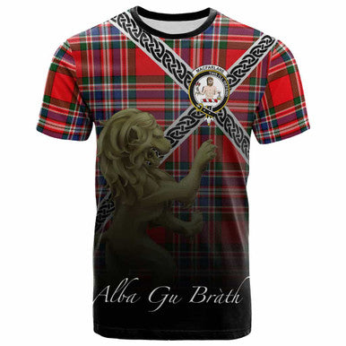 Scottish MacFarlane Clan Crest Tartan T-Shirt - Celtic With Scotland Lion Front Side Tartan Plaid