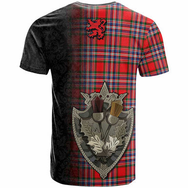 Scottish MacFarlane Clan Crest Tartan T-Shirt - Half Thistle Flowers Celtic Design Back Side Tartan Plaid