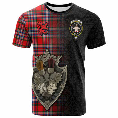 Scottish MacFarlane Clan Crest Tartan T-Shirt - Half Thistle Flowers Celtic Design Front Side Tartan Plaid