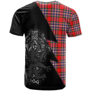 Scottish MacFarlane Clan Crest Tartan T-Shirt - Lion Rampant Celtic Cross Flash Style Back Side Tartan Plaid