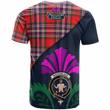 Scottish MacFarlane Clan Crest Tartan T-Shirt - Scotland Thistle Style Back Side Tartan Plaid