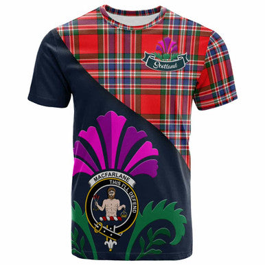 Scottish MacFarlane Clan Crest Tartan T-Shirt - Scotland Thistle Style Front Side Tartan Plaid
