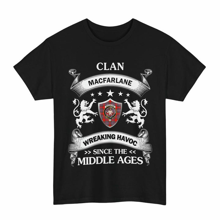 Scottish MacFarlane Clan Crest Tartan T-Shirt Wreaking Havoc Design Tartan Plaid Black Color