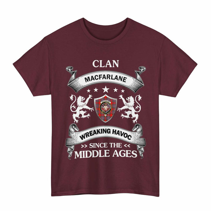 Scottish MacFarlane Clan Crest Tartan T-Shirt Wreaking Havoc Design Tartan Plaid Maroon Color