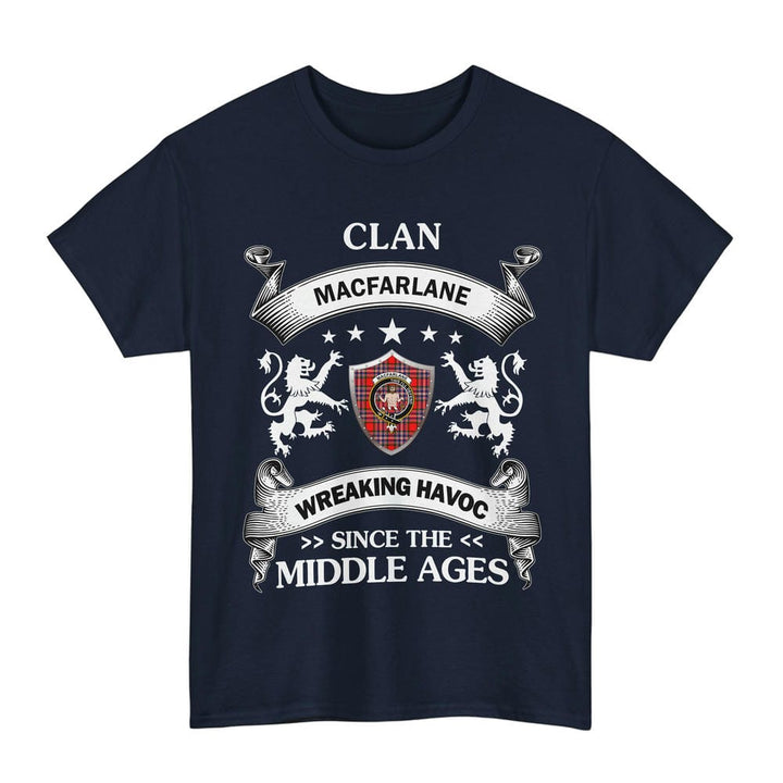 Scottish MacFarlane Clan Crest Tartan T-Shirt Wreaking Havoc Design Tartan Plaid Navy Color