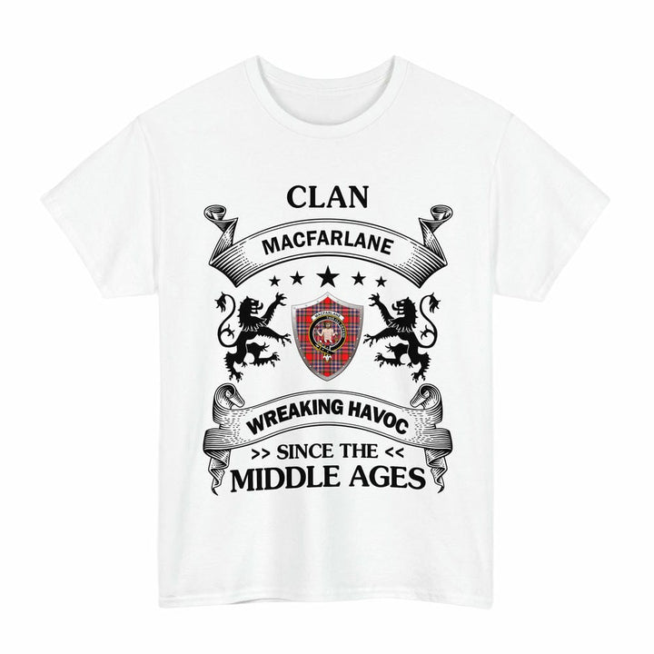 Scottish MacFarlane Clan Crest Tartan T-Shirt Wreaking Havoc Design Tartan Plaid White Color