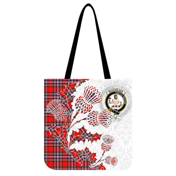 Scottish MacFarlane Clan Crest Tartan Tote Bag - Thistle Flowers Style Tartan Plaid 1