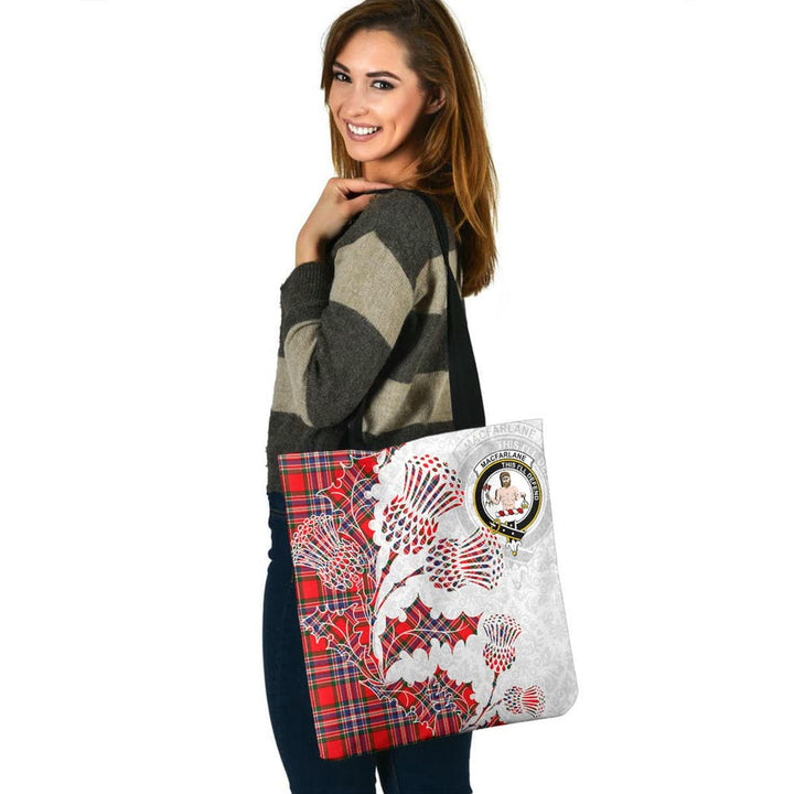 Scottish MacFarlane Clan Crest Tartan Tote Bag - Thistle Flowers Style Tartan Plaid 3