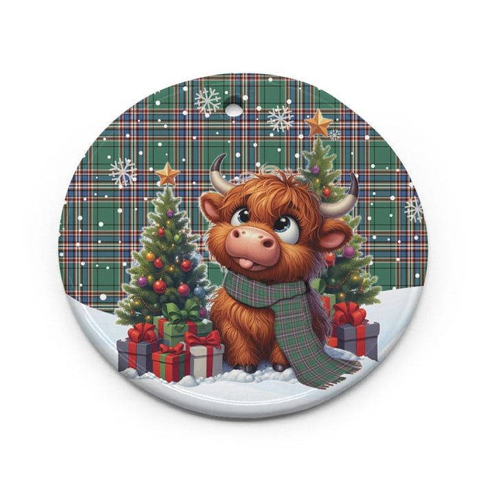 Scottish MacFarlane Hunting Ancient Clan Tartan Ceramic Ornament Cute Highland Cow Christmas Circle Style Tartan Plaid