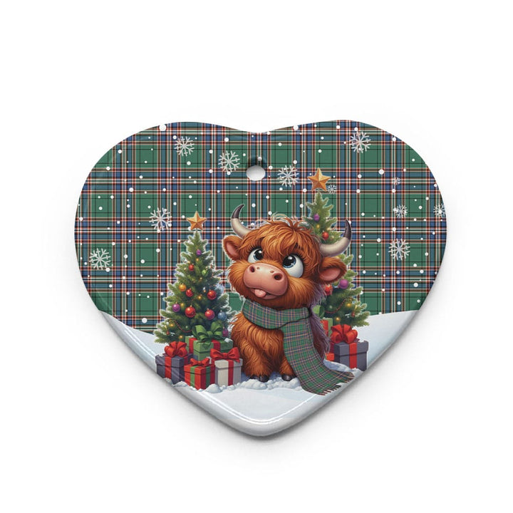 Scottish MacFarlane Hunting Ancient Clan Tartan Ceramic Ornament Cute Highland Cow Christmas Heart Style Tartan Plaid